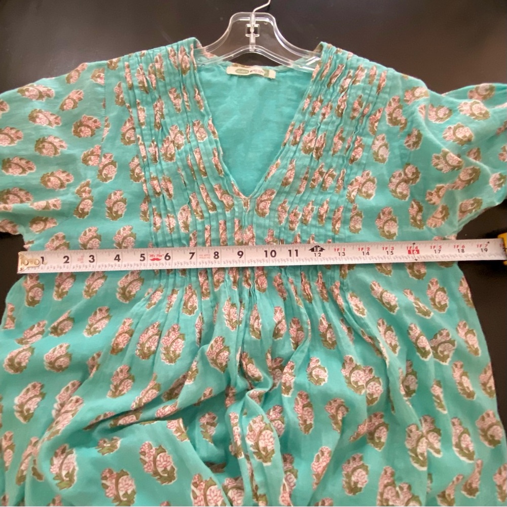 Dolma Floral Aqua Cotton Midi V neck Dress EUC - Picture 6 of 11